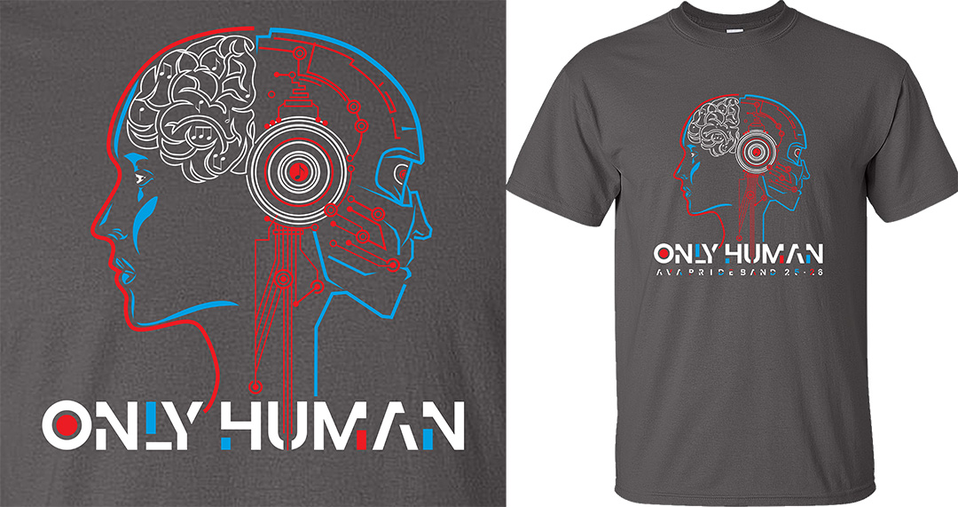 Ava Pride Band Only Human design, from concept art to printed shirt