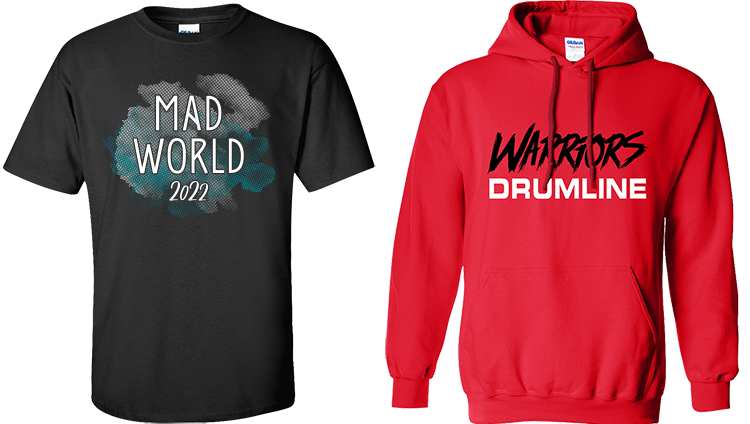 Custom screen printed tee and drumline hoodie
